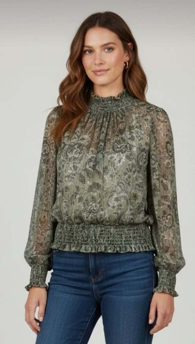 Lucy Paris Long Sleeve Ruffle Neck Blouse Green Size L